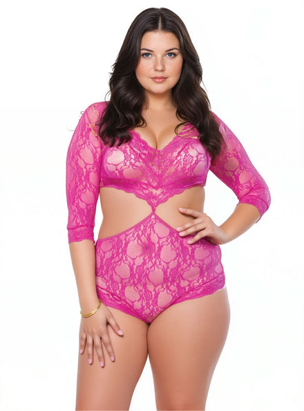 Plus Size Womens Fuchsia Pink Lace Cut Out Bodysuit Front Image