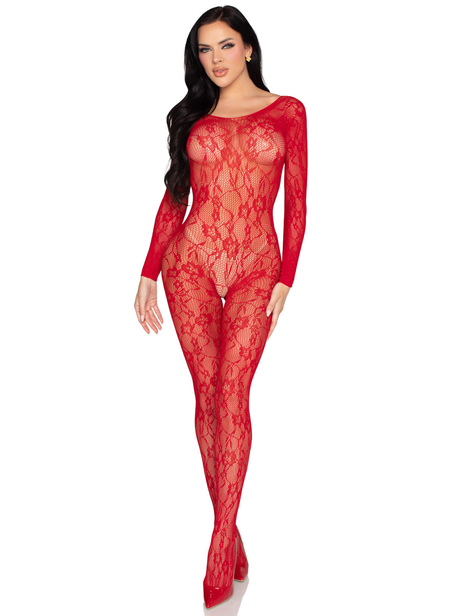 Sexy Red Floral Lace Long Sleeve Full Bodysuit