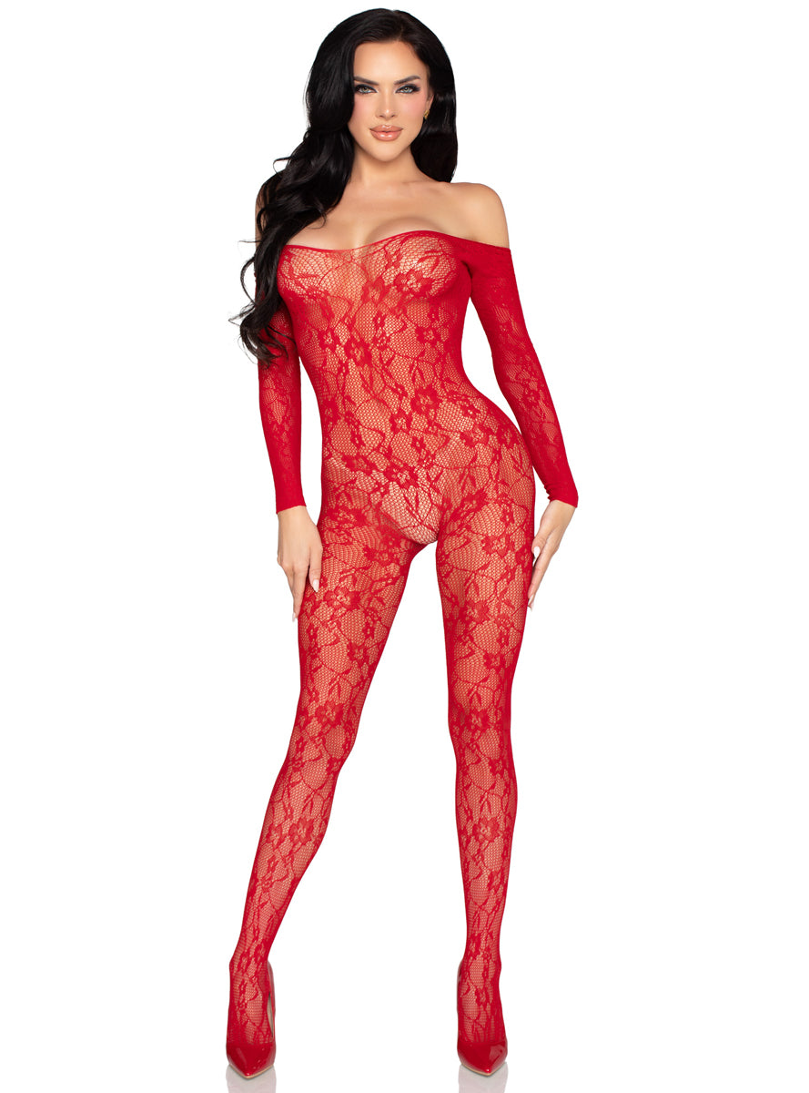 Sexy Red Floral Lace Long Sleeve Full Bodysuit