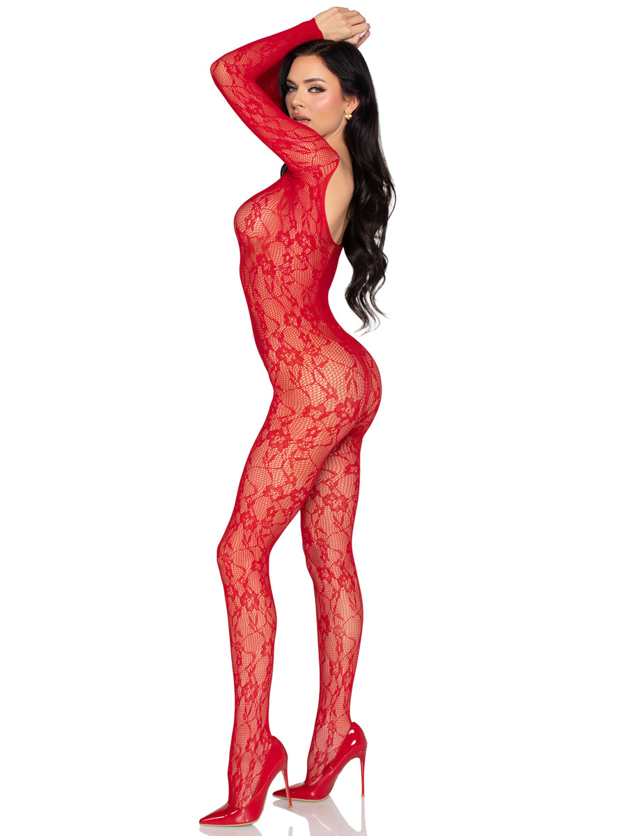 Sexy Red Floral Lace Long Sleeve Full Bodysuit
