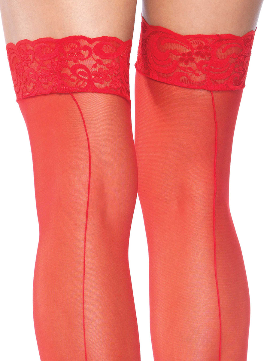 Plus Size Womens Red Nuna Thigh High Stockings With Back Seam And Lace Top Alternate Image