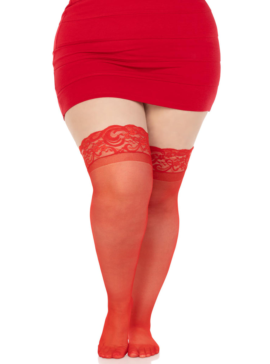 Plus Size Womens Red Sheer Nora Thigh High Stockings With Lace Tops Alternate Image