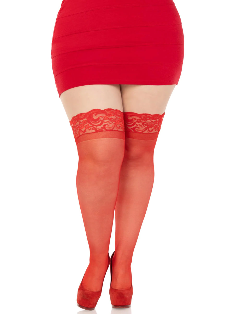 Plus Size Womens Red Sheer Nora Thigh High Stockings With Lace Tops Main Image