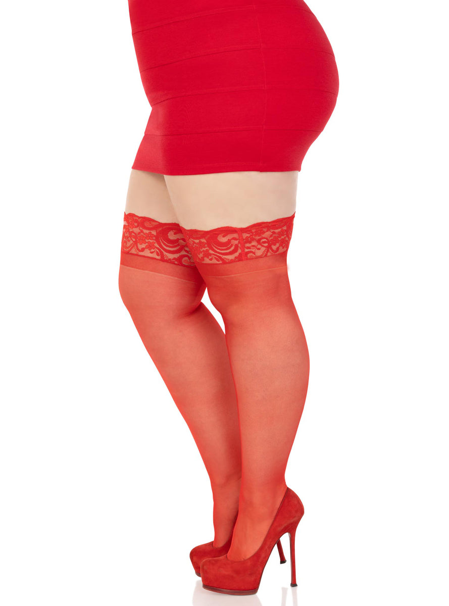 Plus Size Womens Red Sheer Nora Thigh High Stockings With Lace Tops Side Image