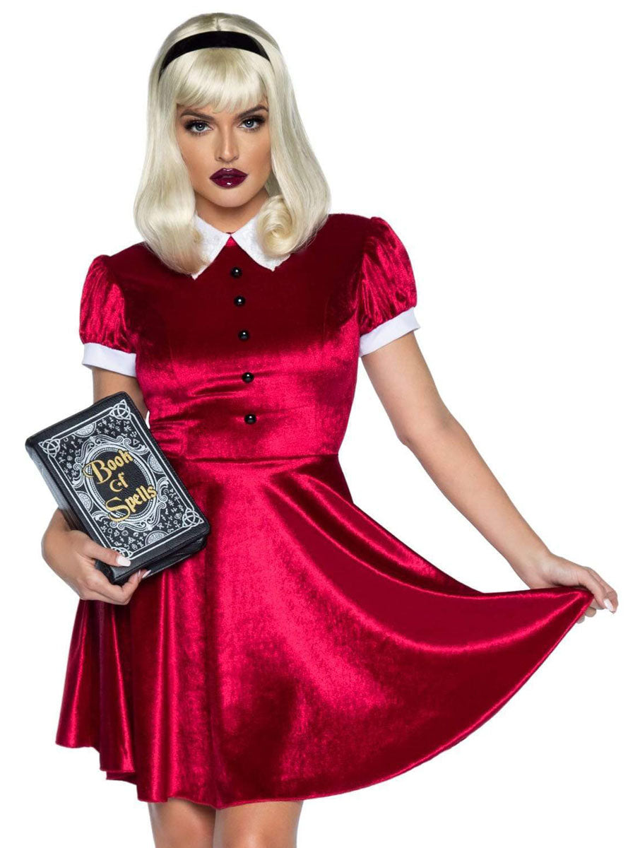 Womens Red Velvet Spellbinding Witch Costume Alternate Front Image