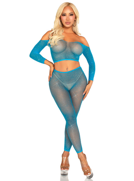 Rhinestone Neon Blue Fishnet Crop and Leggings Set