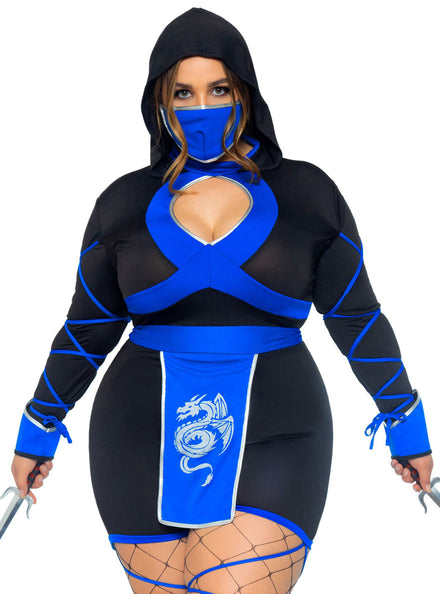 Plus Size Womens Sexy Black And Blue Dragon Ninja Romper Costume Close Front Image