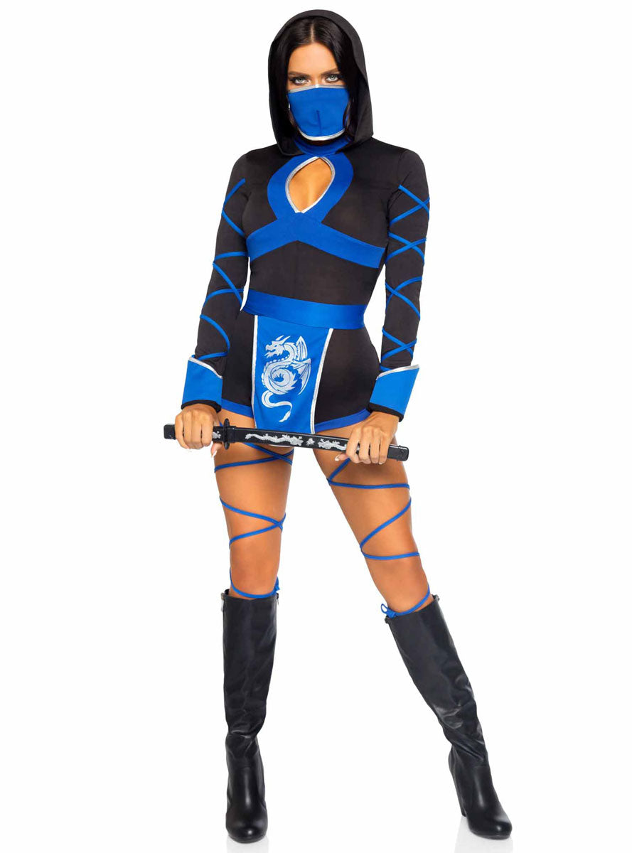 Womens Sexy Black And Blue Dragon Ninja Romper Costume Full Alternate Front Image