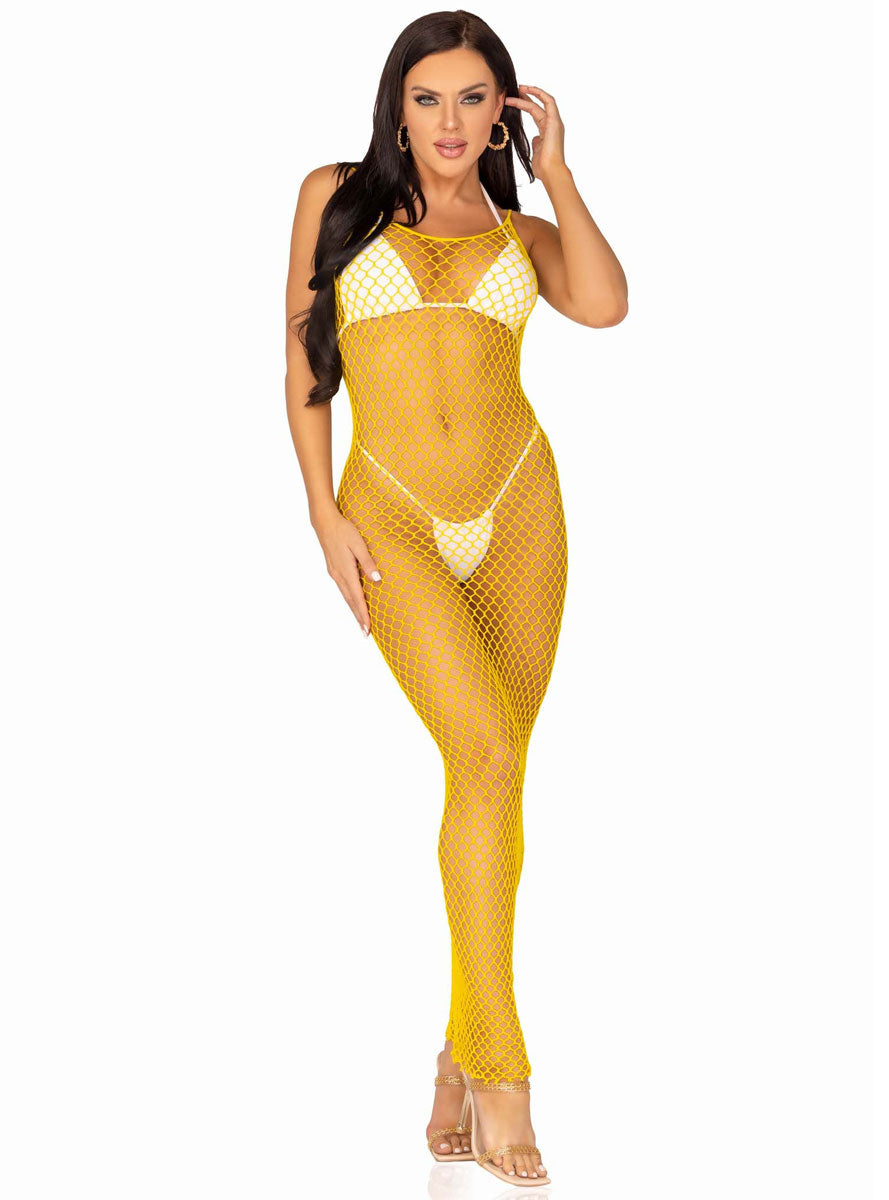 Womens Sexy Lemon Yellow Full Length Fishnet Maxi Dress Front Image