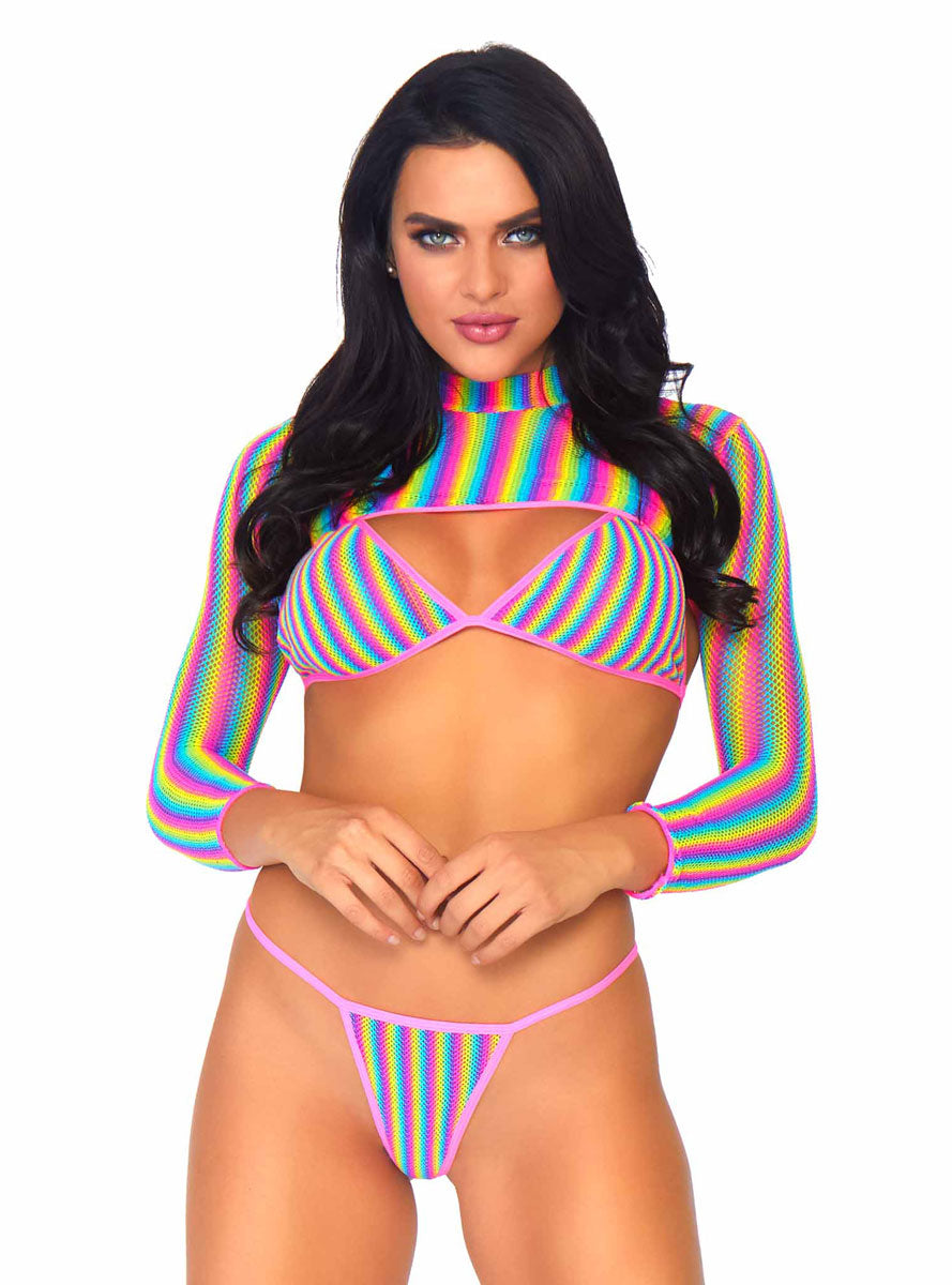 Womens Sexy Rainbow Fishnet Rave Bikini Set With Shrug