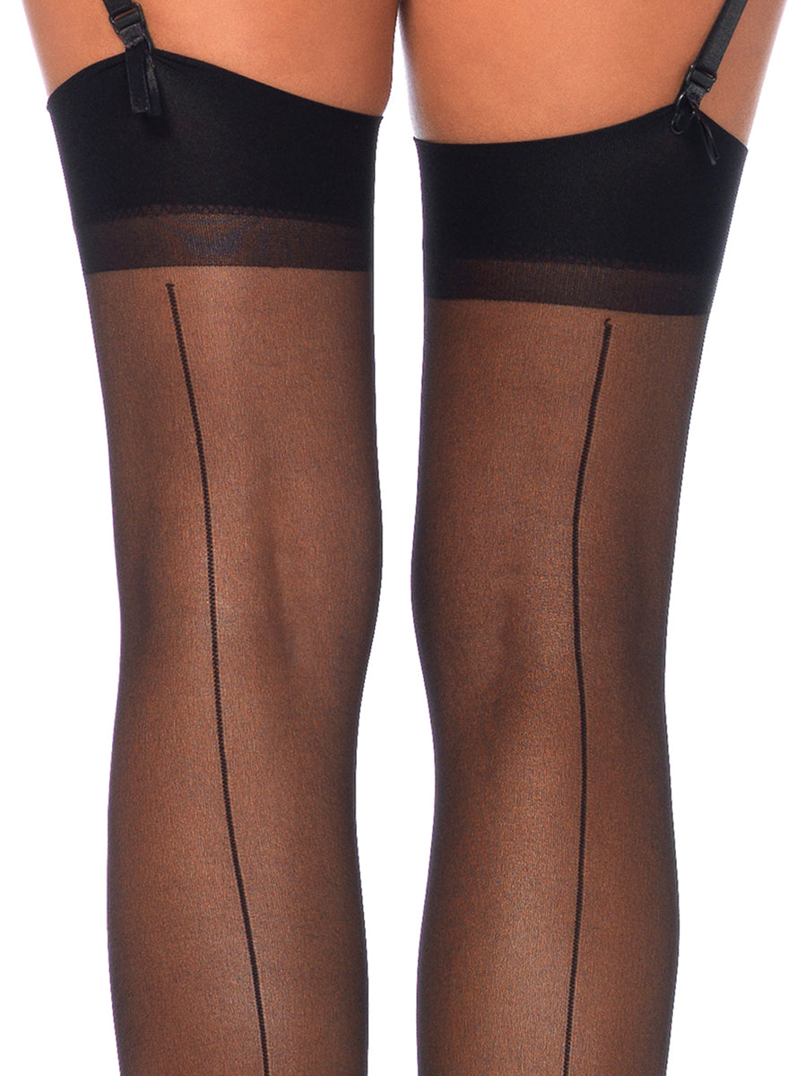 Womens Sheer Black Thigh High Stockings With Backseam Close Image
