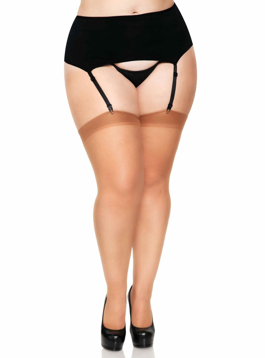 Plus Size Womens Sheer Tan Thigh High Stockings With Backseam Main Image