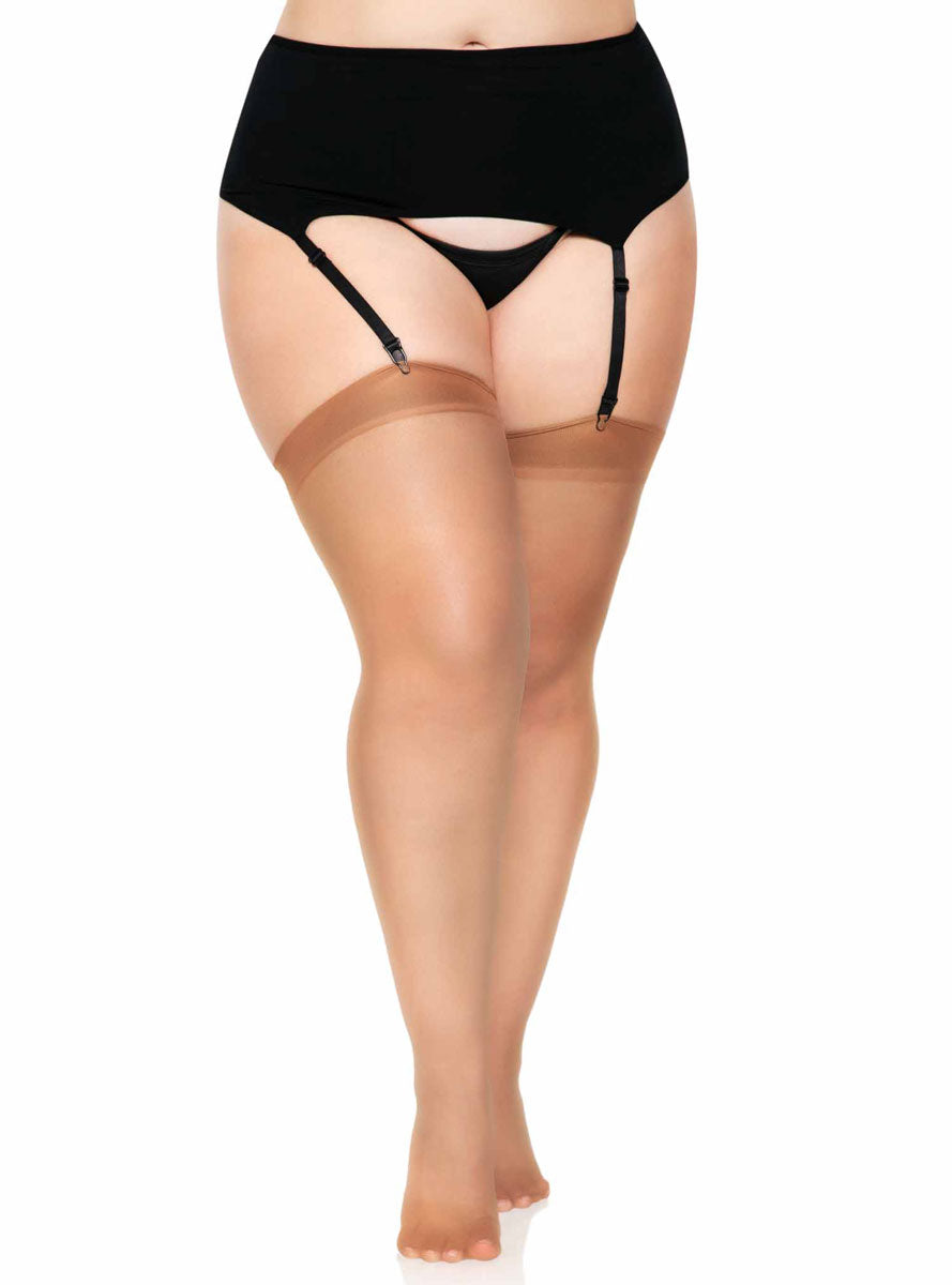 Plus Size Womens Sheer Tan Thigh High Stockings With Backseam Alternate Image