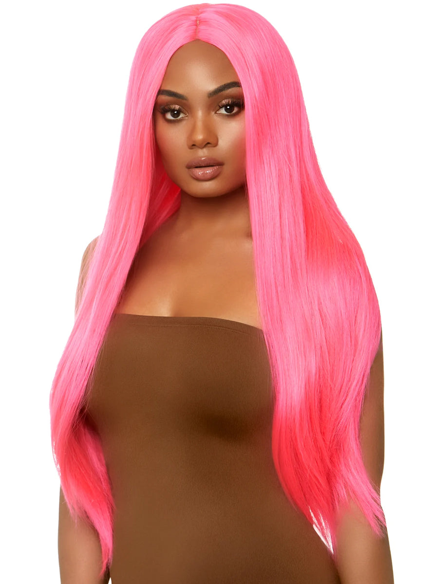 Womens Straight Long Neon Pink Costume Wig Alternative Image 1