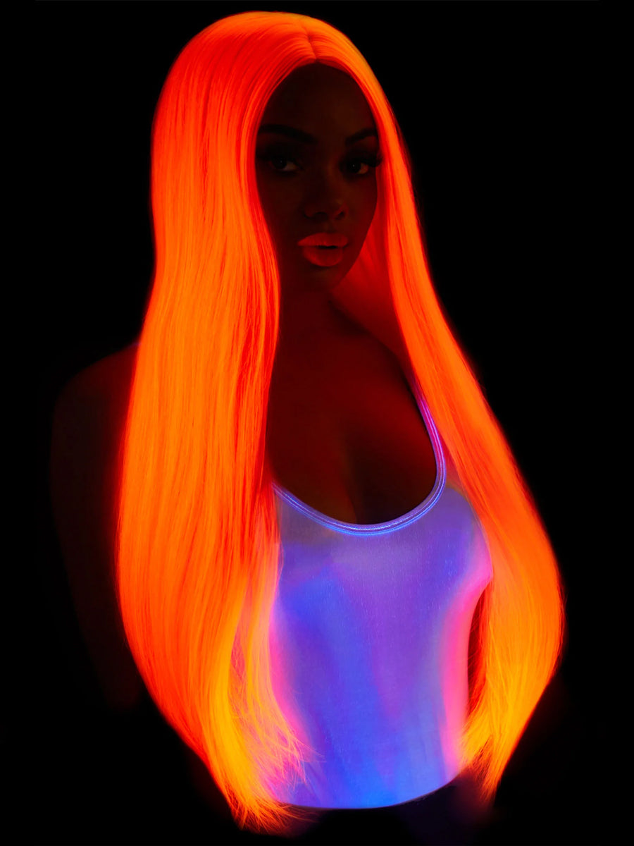 Womens Straight Long Neon Pink Costume Wig Alternative Image 2