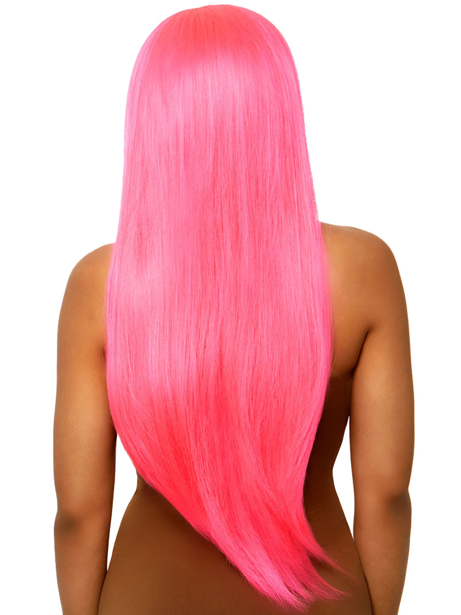 Womens Straight Long Neon Pink Costume Wig Back Image