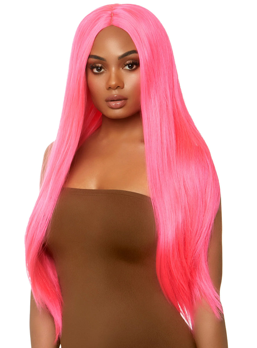 Womens Straight Long Neon Pink Costume Wig Main Image
