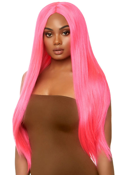Womens Straight Long Neon Pink Costume Wig Main Image