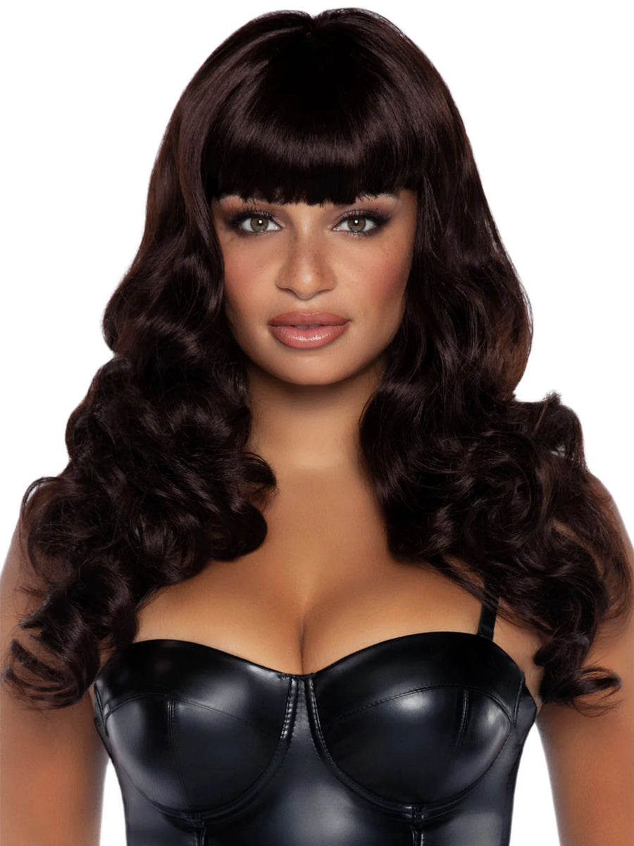Womens Wavy Brown Costume Wig With Bangs Alternative Image