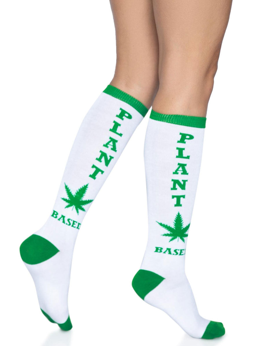 Womens White And Green Plant Based Knee High Socks Back Image