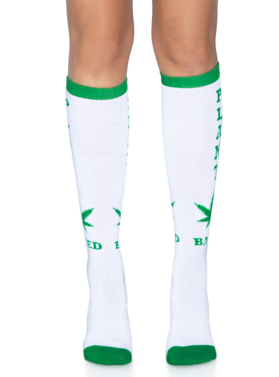 Womens White And Green Plant Based Knee High Socks Front Image