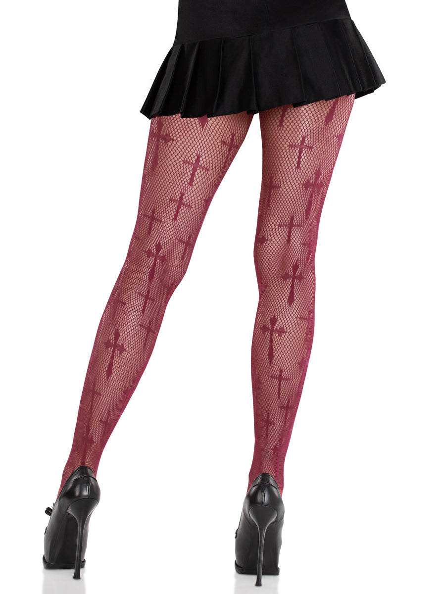 Burgundy Cross Net Worship Me Halloween Costume Tights Back Image