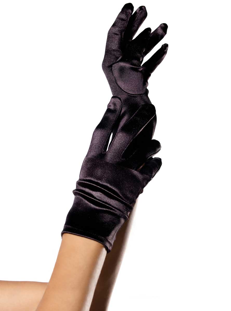 Wrist Length Womens Black Satin Costume Gloves