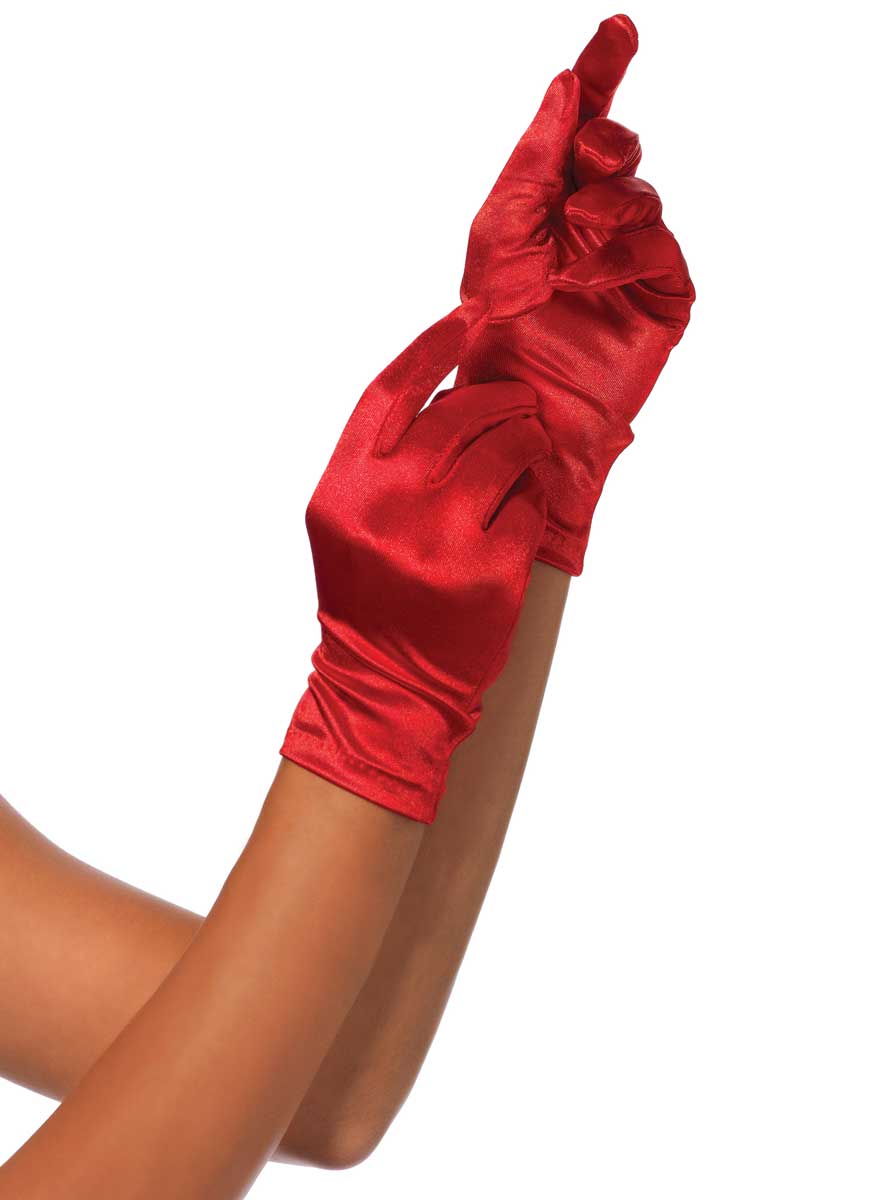 Wrist Length Womens Red Satin Costume Gloves