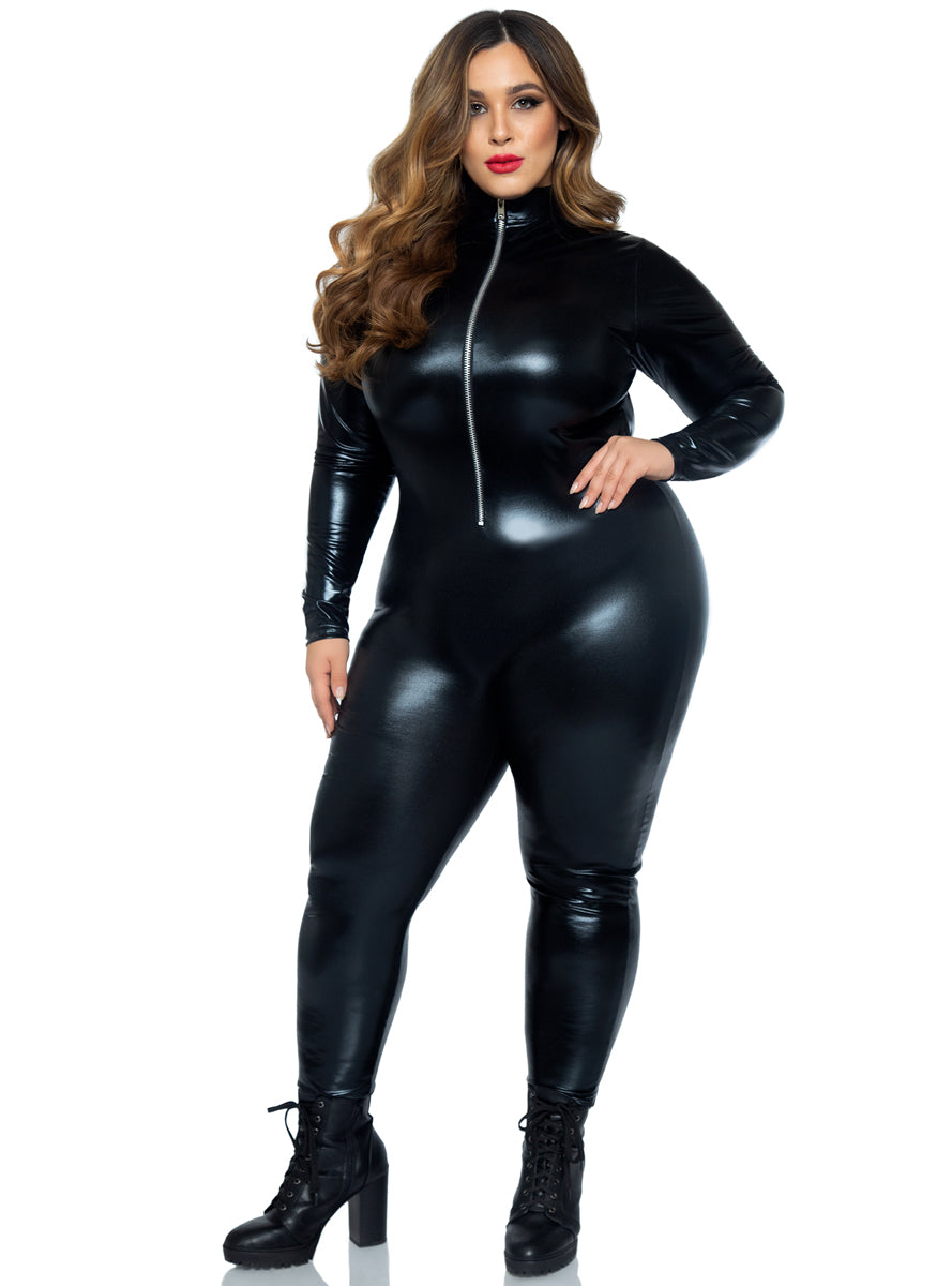 Plus Size Womens Black Zip Front Wet Look Costume Catsuit Alternative Image
