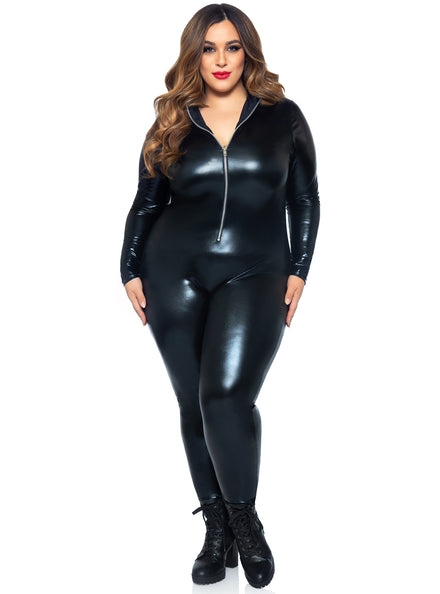 Plus Size Womens Black Zip Front Wet Look Costume Catsuit Main Image